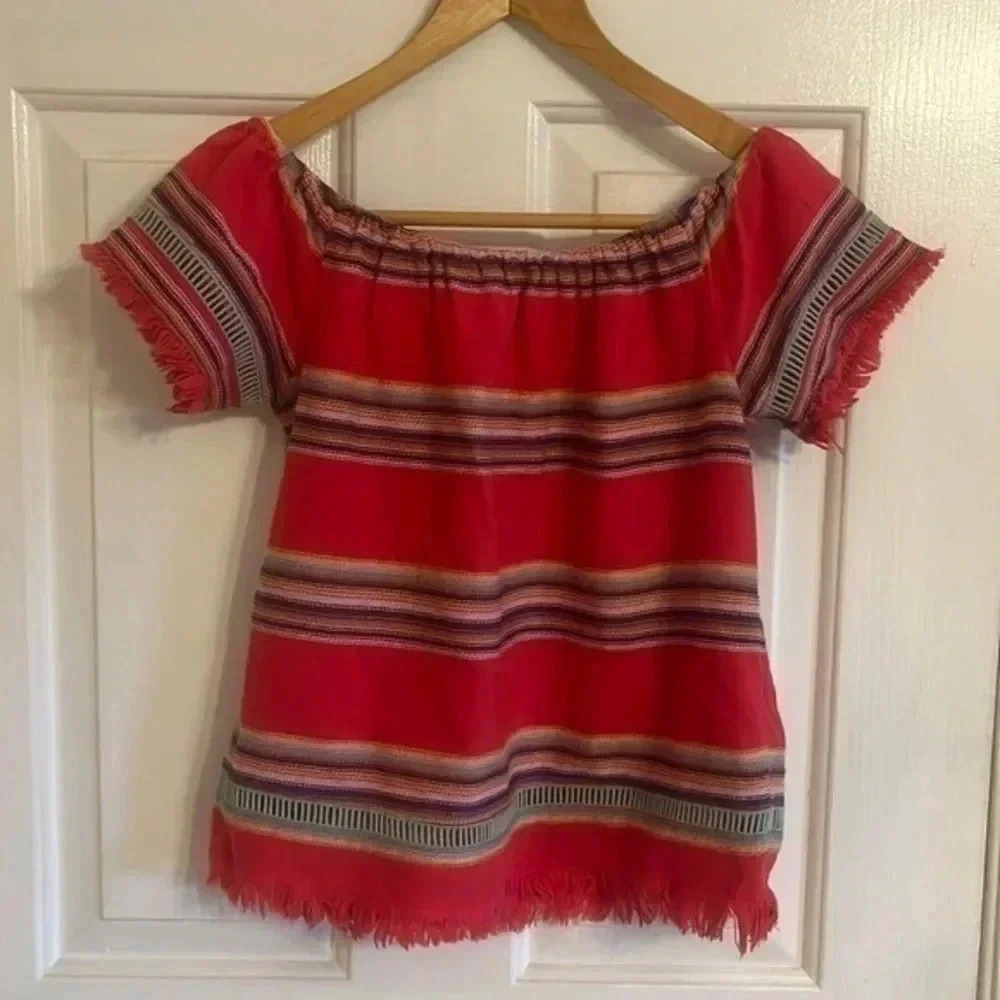 Anthropologie dRA Los Angeles Red Off Shoulder Top Bohemian Fringe Size XS